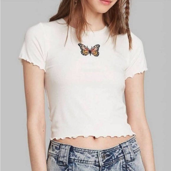 Embroidered Butterfly Crop Baby Tee Ribbed Fabric Ripple Hem - Picture 1 of 5